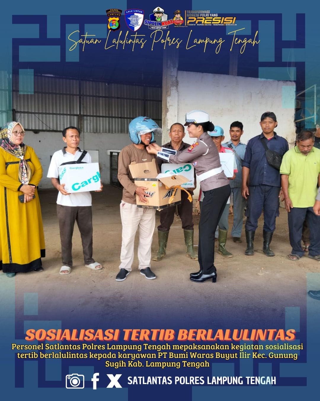 kegiatan sosialisasi tertib berlalulintas kepada karyawan PT Bumi Waras Kec. Trimurjo Kab. Lampung Tengah.