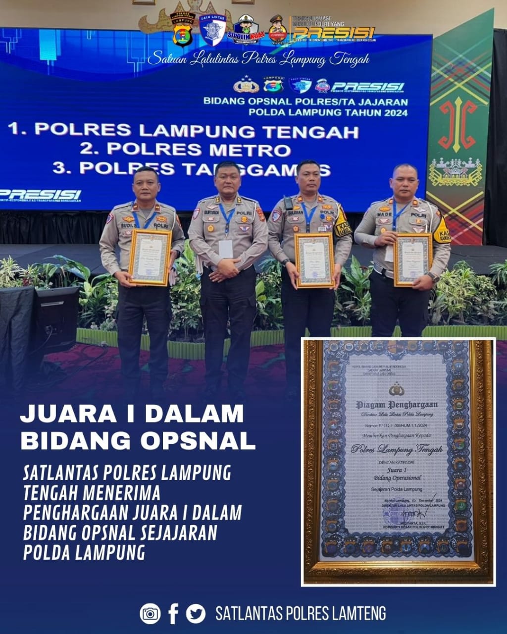 penghargaan juara I dalam bidang opsnal sejajaran polda lampung