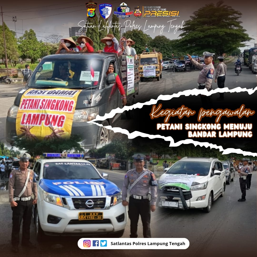 Kegiatan pengawalan unras petani singkong dari taman pepadun gunung sugih menuju kantor Gubernur Lampung di Bandar Lampung