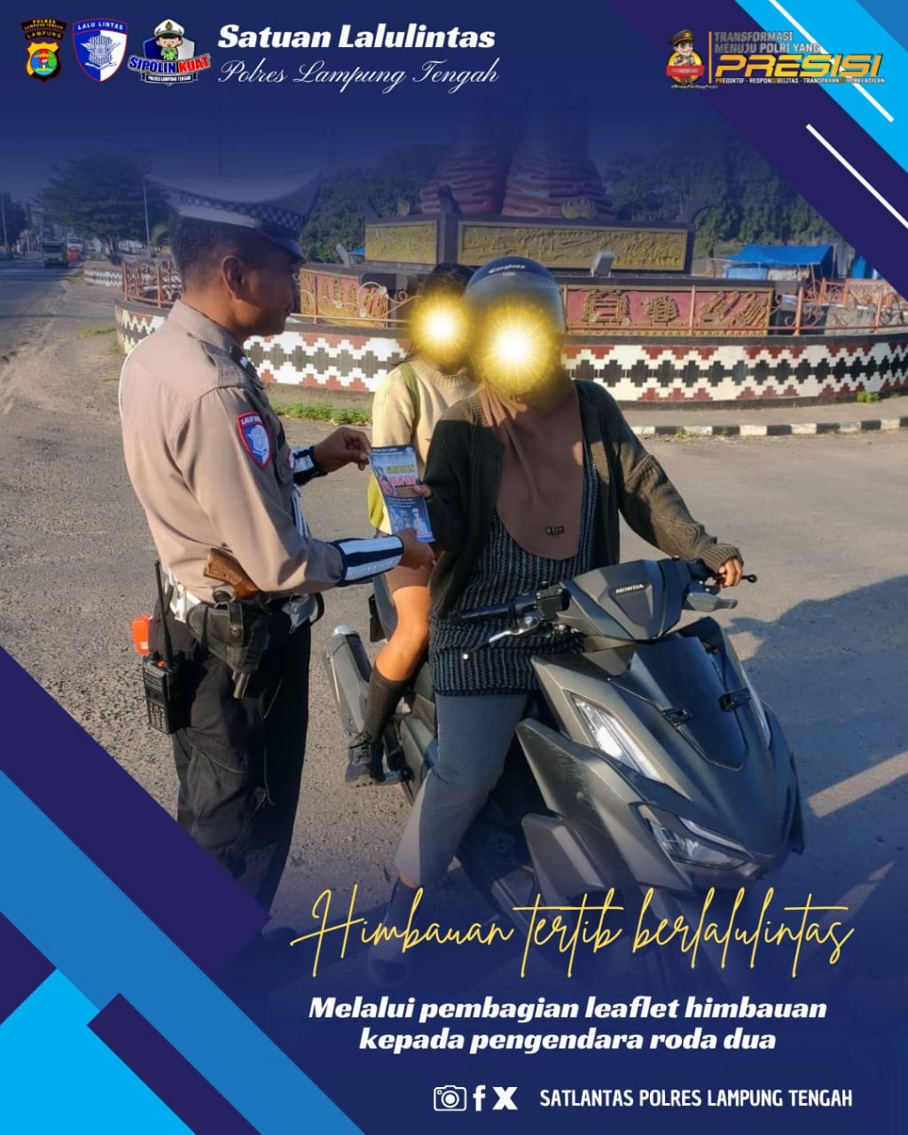 himbauan tertib berlalulintas kepada pengendara roda dua dengan wajib menggunakan helm berlogo SNI